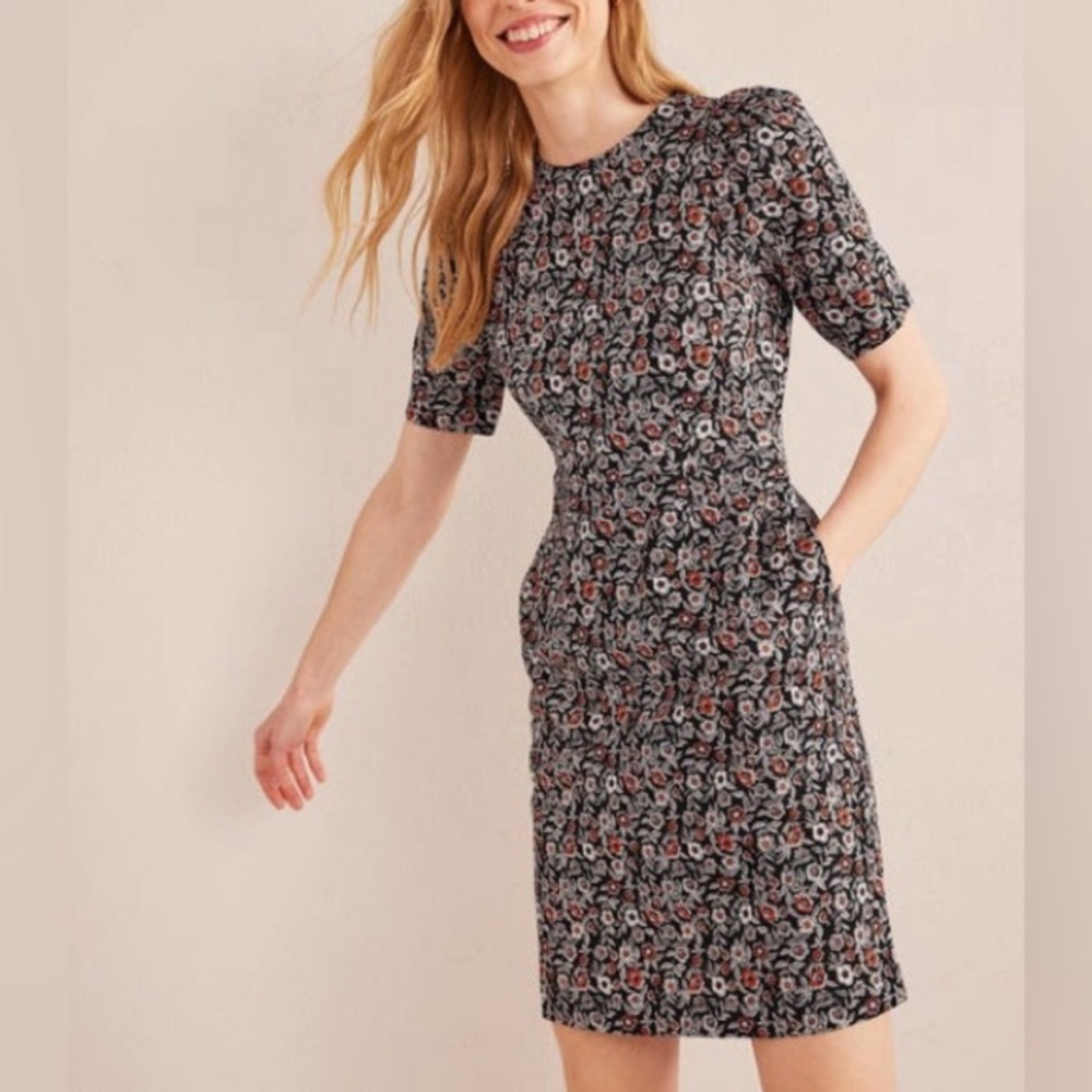 NWT Boden Zoe Jersey Dress Floral Pockets size 14 R Black White Orange